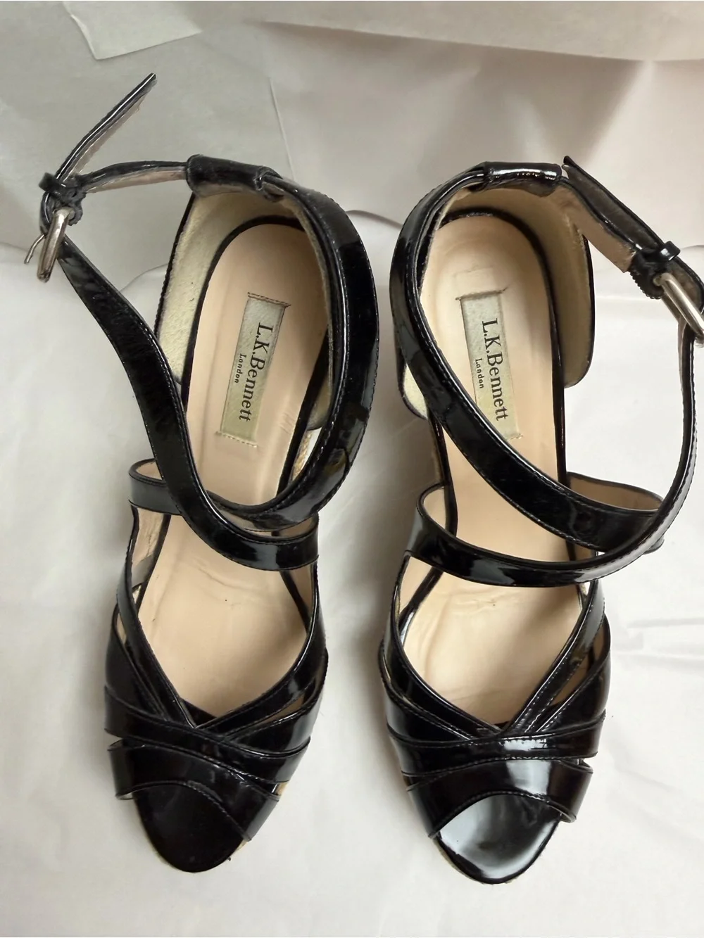 LK Bennett Black Patent Leather Crisscross Wedge Sandals